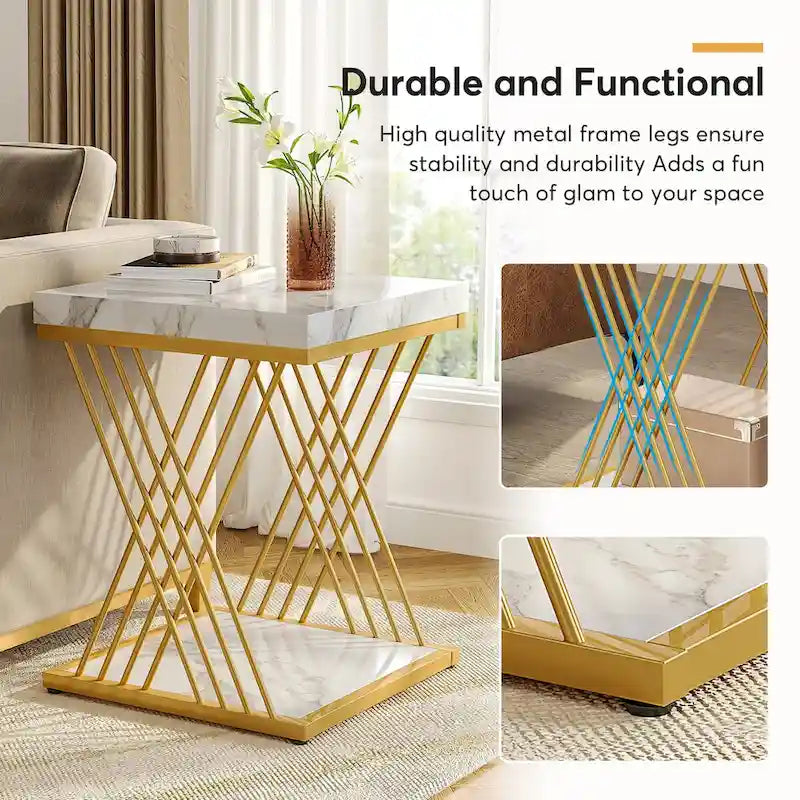 19.75 Inch Faux Marble Square End Table, Modern Bedside Tables, Gold Accent Table Living Room 9