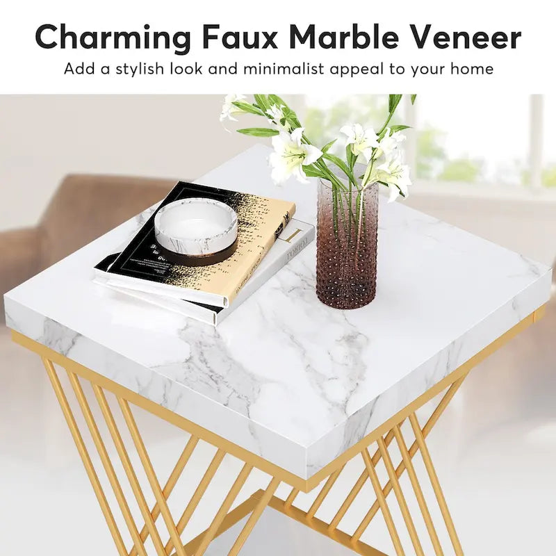 19.75 Inch Faux Marble Square End Table, Modern Bedside Tables, Gold Accent Table Living Room 10