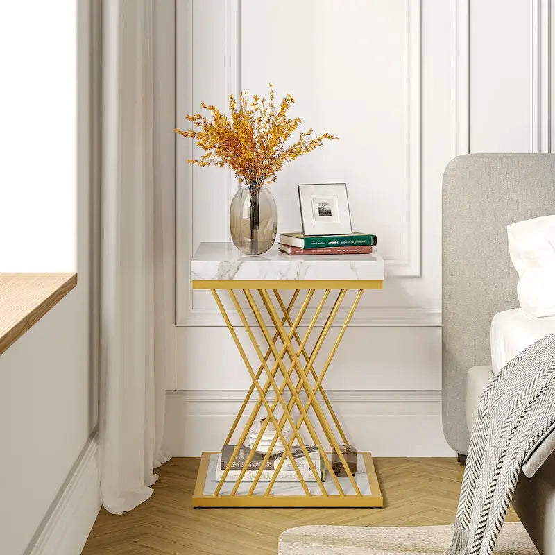 19.75 Inch Faux Marble Square End Table, Modern Bedside Tables, Gold Accent Table Living Room 11