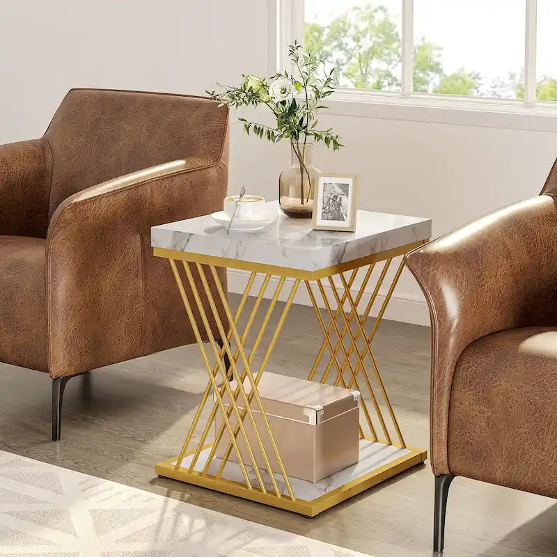 19.75 Inch Faux Marble Square End Table, Modern Bedside Tables, Gold Accent Table Living Room 12