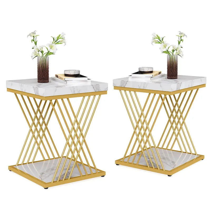 19.75 Inch Faux Marble Square End Table, Modern Bedside Tables, Gold Accent Table Living Room 13