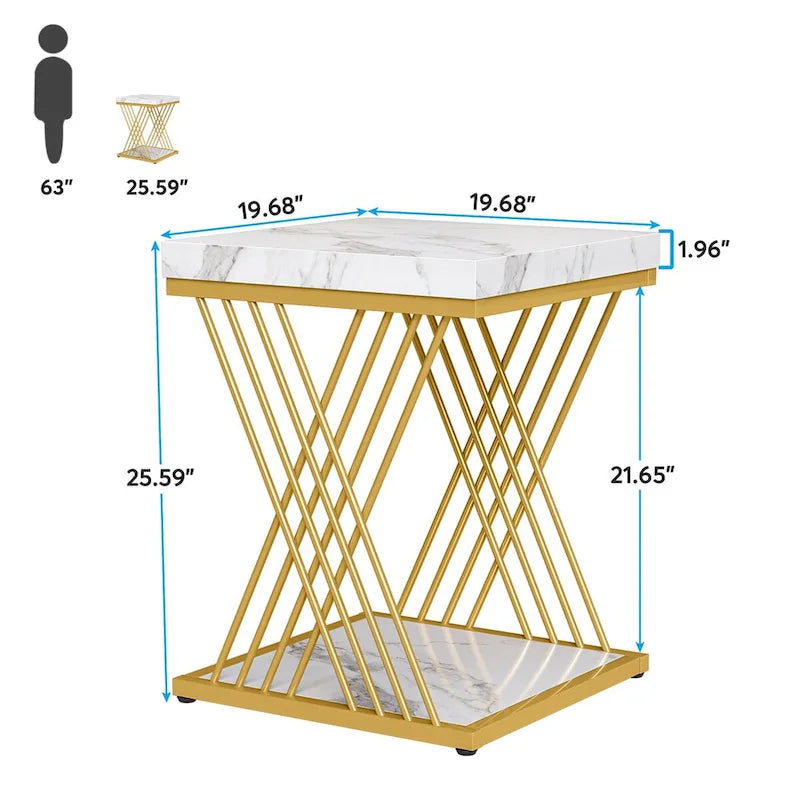 19.75 Inch Faux Marble Square End Table, Modern Bedside Tables, Gold Accent Table Living Room 14