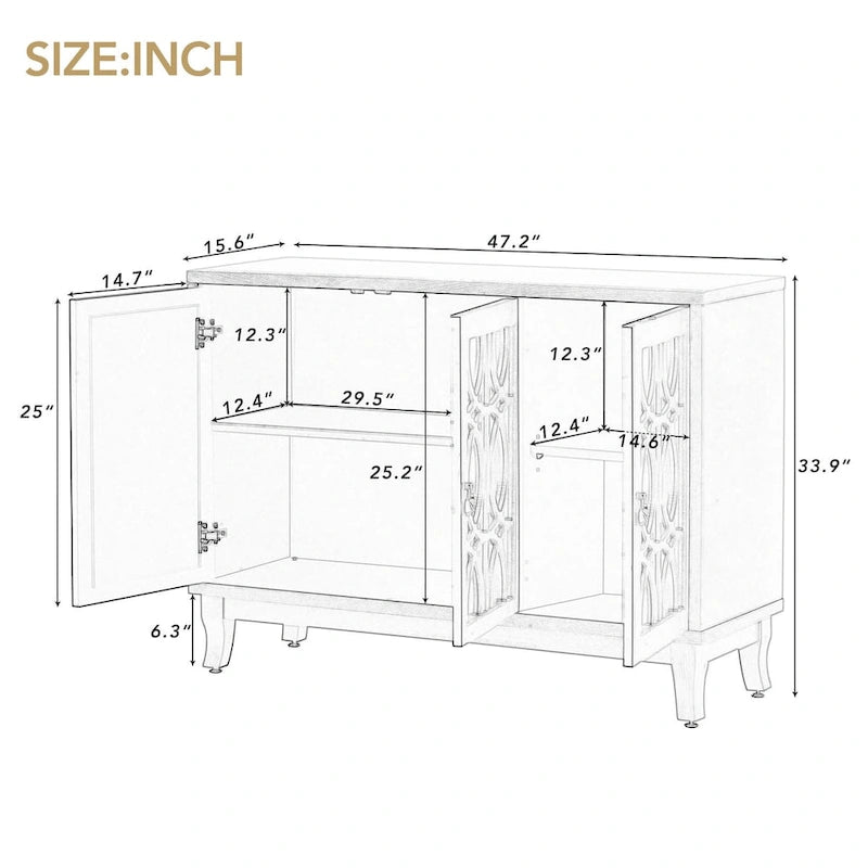 Sideboard with Glass Doors, 3 Door Mirrored Buffet Cabinet with Silver Handle for Living Room, Hallway, Dining Room 5