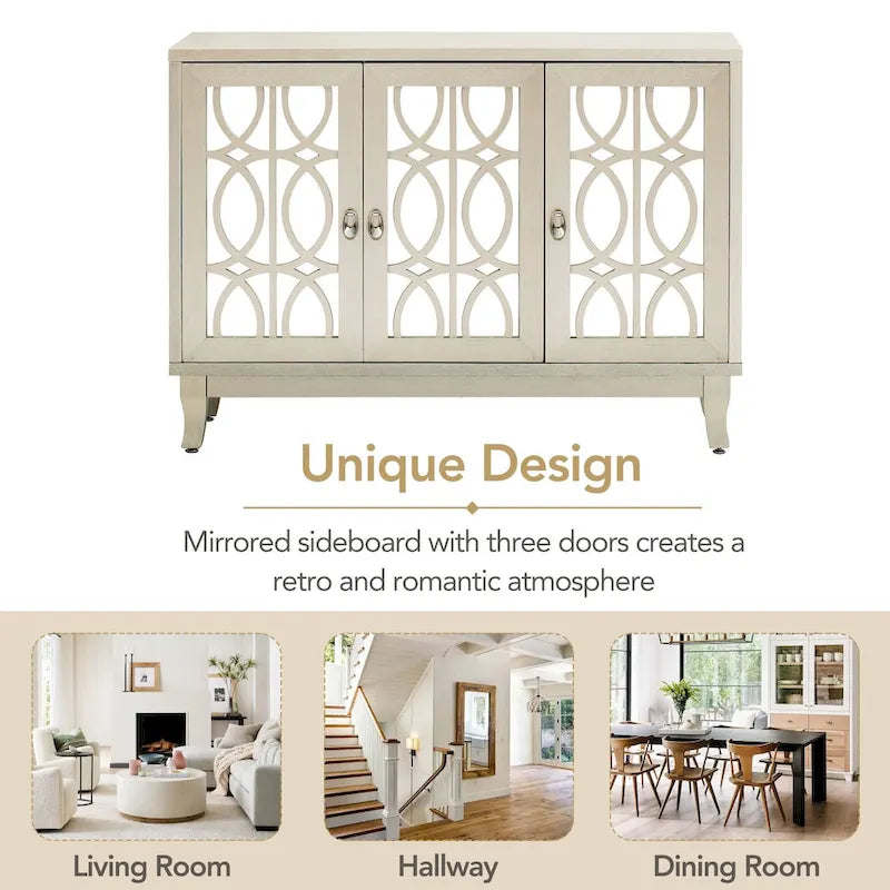 Sideboard with Glass Doors, 3 Door Mirrored Buffet Cabinet with Silver Handle for Living Room, Hallway, Dining Room 6