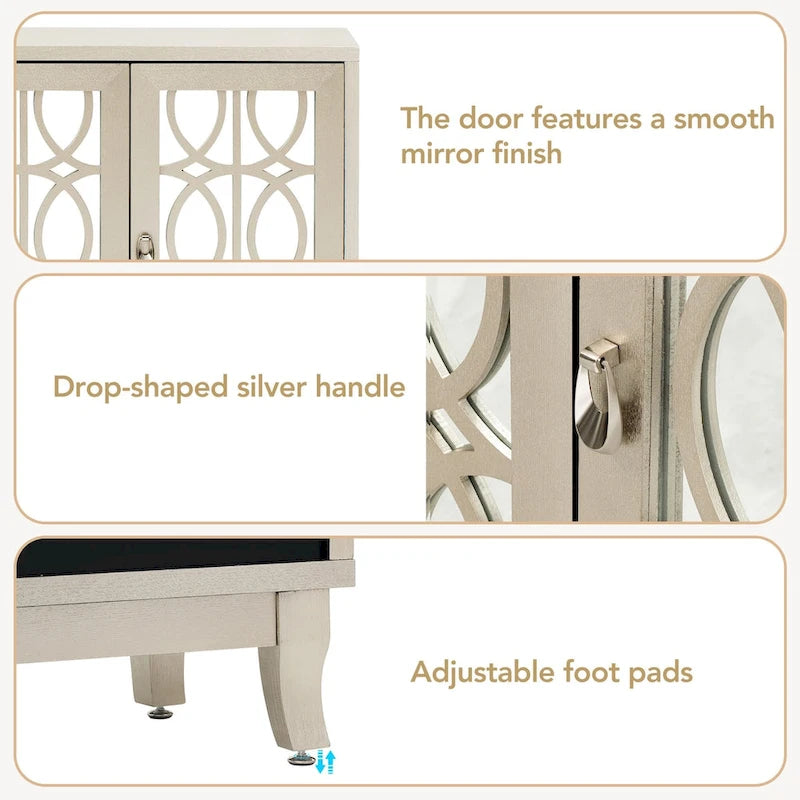 Sideboard with Glass Doors, 3 Door Mirrored Buffet Cabinet with Silver Handle for Living Room, Hallway, Dining Room 7