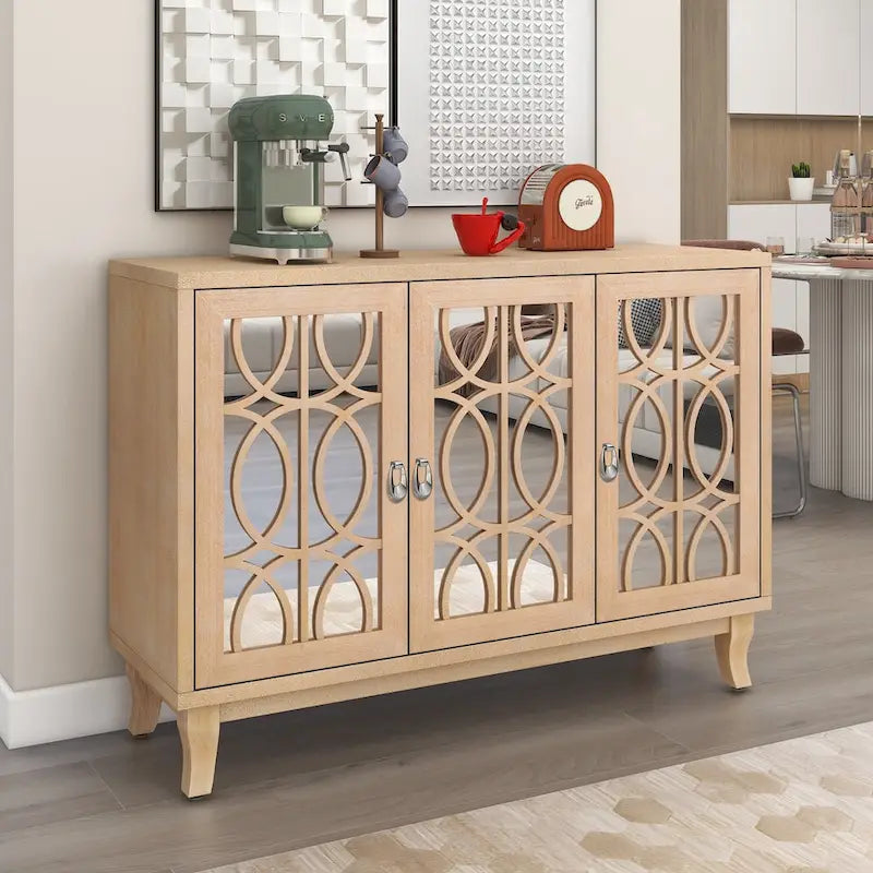 Sideboard with Glass Doors, 3 Door Mirrored Buffet Cabinet with Silver Handle for Living Room, Hallway, Dining Room 12