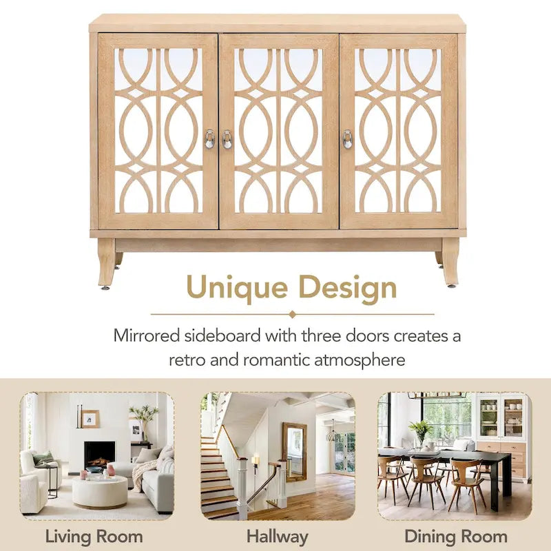 Sideboard with Glass Doors, 3 Door Mirrored Buffet Cabinet with Silver Handle for Living Room, Hallway, Dining Room 14