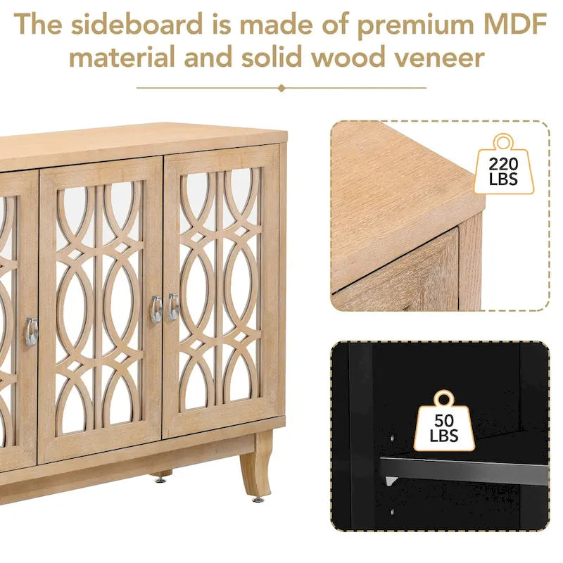 Sideboard with Glass Doors, 3 Door Mirrored Buffet Cabinet with Silver Handle for Living Room, Hallway, Dining Room 16