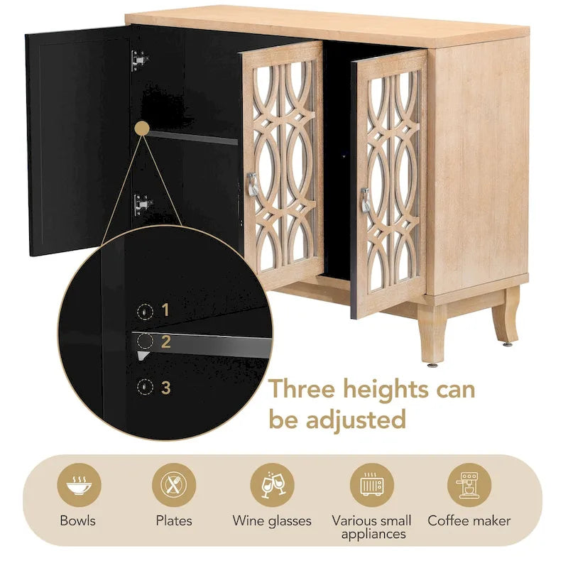 Sideboard with Glass Doors, 3 Door Mirrored Buffet Cabinet with Silver Handle for Living Room, Hallway, Dining Room 17