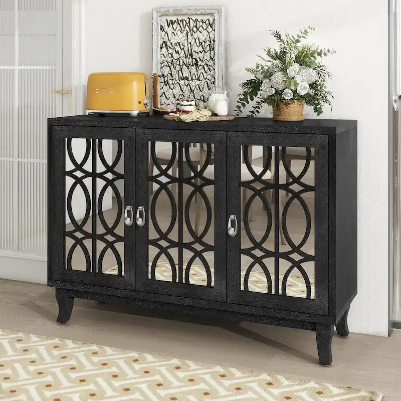 Sideboard with Glass Doors, 3 Door Mirrored Buffet Cabinet with Silver Handle for Living Room, Hallway, Dining Room 18