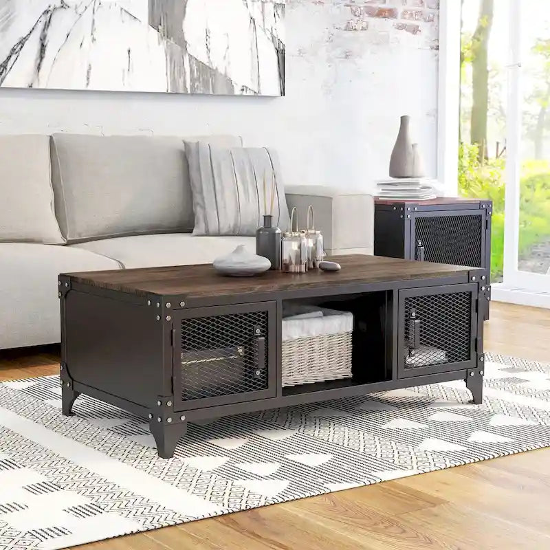 Conner Rustic Dark Walnut Steel 2-Piece Storage Coffee and End Table Set by Furniture of America 3