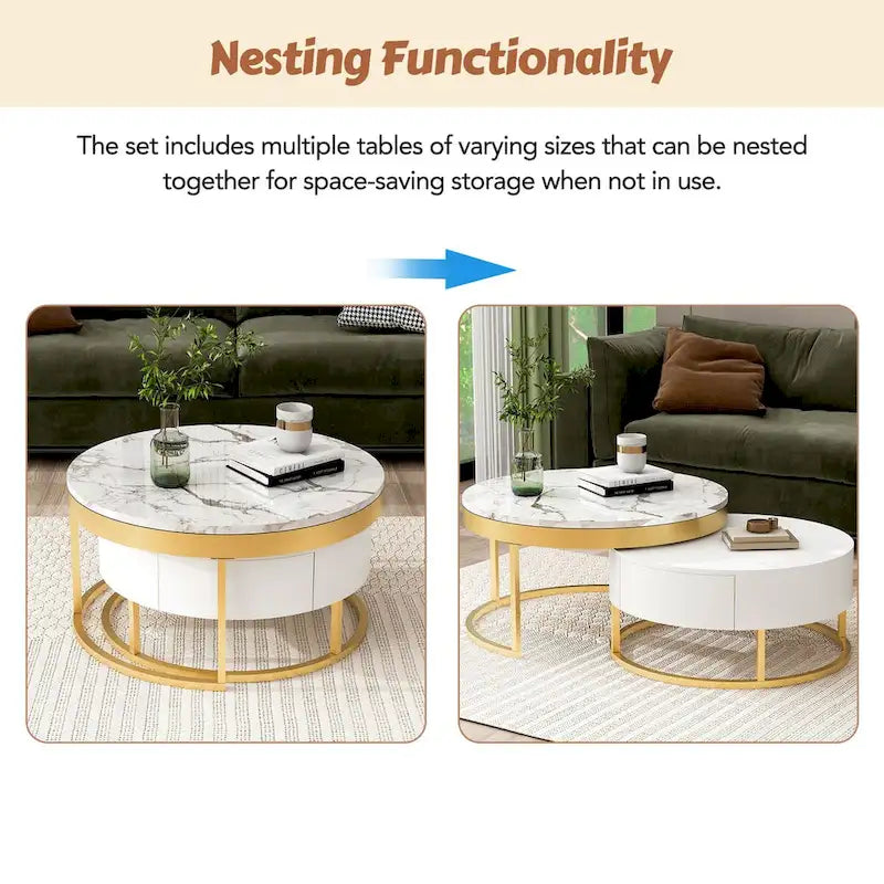 GEITIN Modern Round Nesting Coffee Table with Drawers