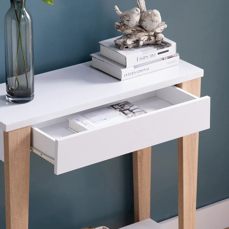 Modern Two Toned Console with Two Shelves - White and Tan