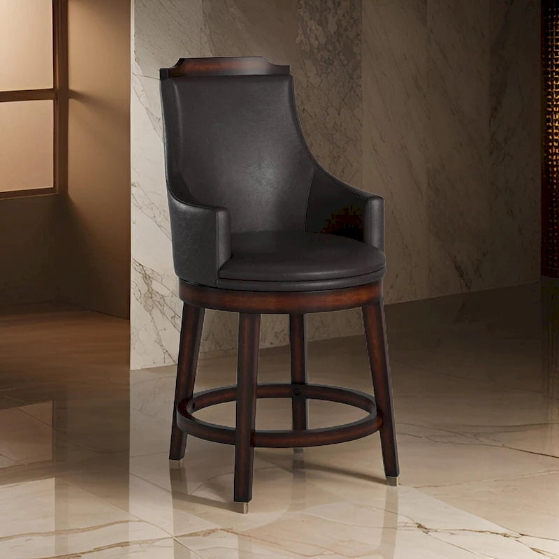 Wood & Leather Counter Height Chair with Swivel Mechanism, Brown & Black, Set of 2 6