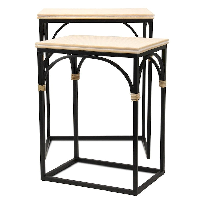 Claudette Set di 2 Tavolini Rettangolari con Dettagli in Rattan Legno e Metallo