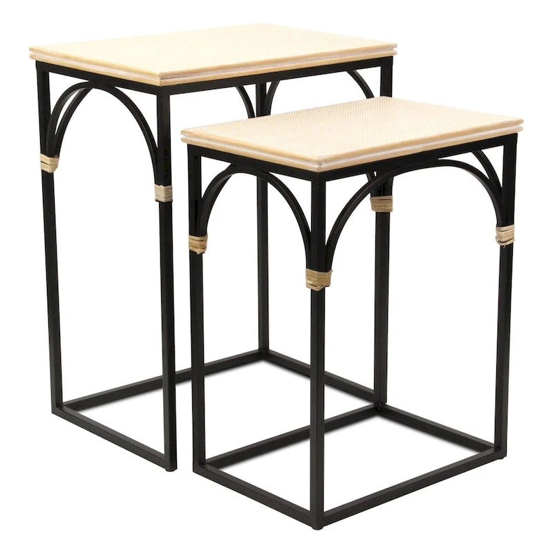 Claudette Set of 2 Rattan Accented Wood & Metal Rectangle Side Tables 3