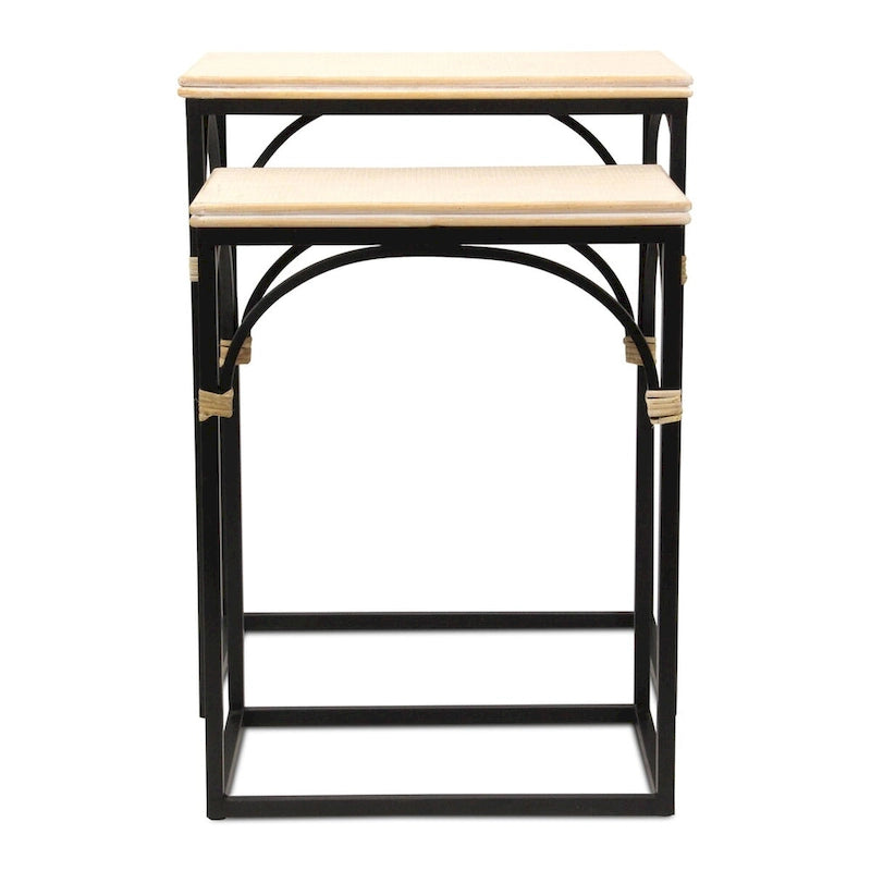 Claudette Set of 2 Rattan Accented Wood & Metal Rectangle Side Tables 5