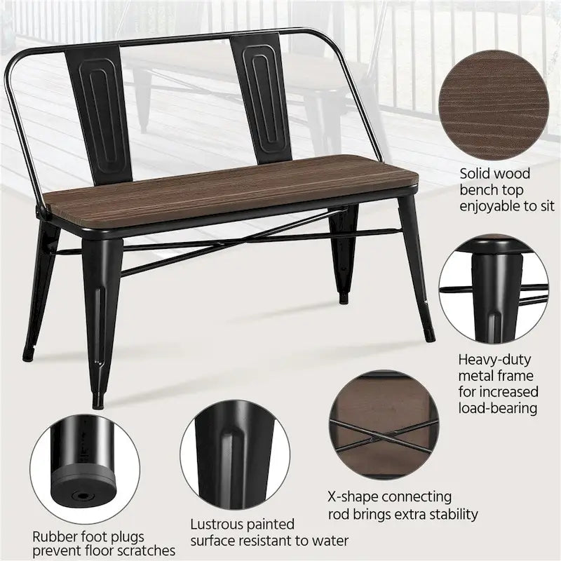 Yaheetech Metal Dining Bench with Wooden Top and Detachable Backrest, Black 3