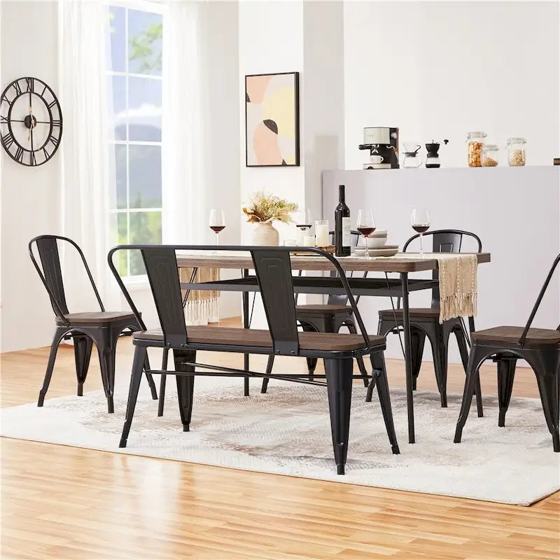 Yaheetech Metal Dining Bench with Wooden Top and Detachable Backrest, Black 5