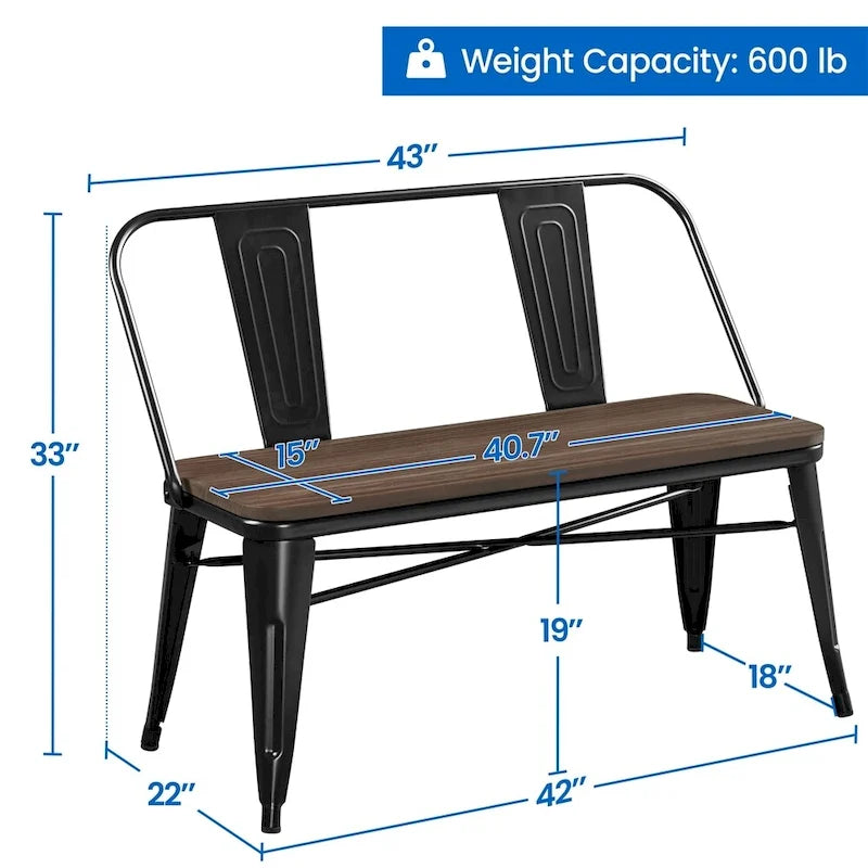 Yaheetech Metal Dining Bench with Wooden Top and Detachable Backrest, Black 6