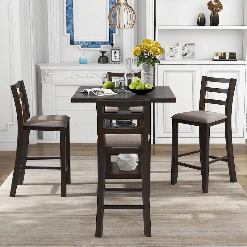 5 PCS Wooden Counter Height Dining Set with Padded Chairs and Storage Shelving 30