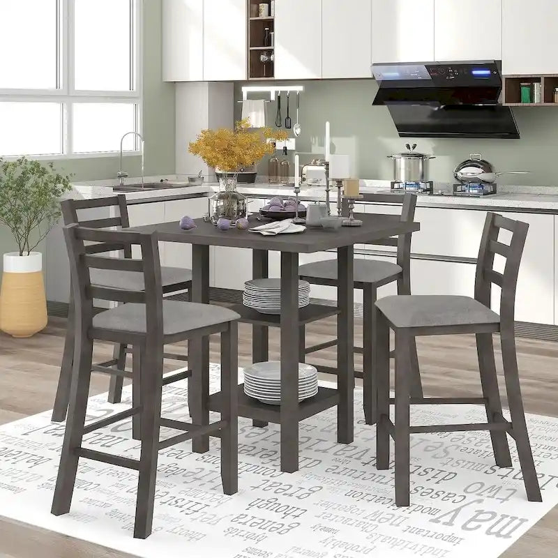 5 PCS Wooden Counter Height Dining Set with Padded Chairs and Storage Shelving 31