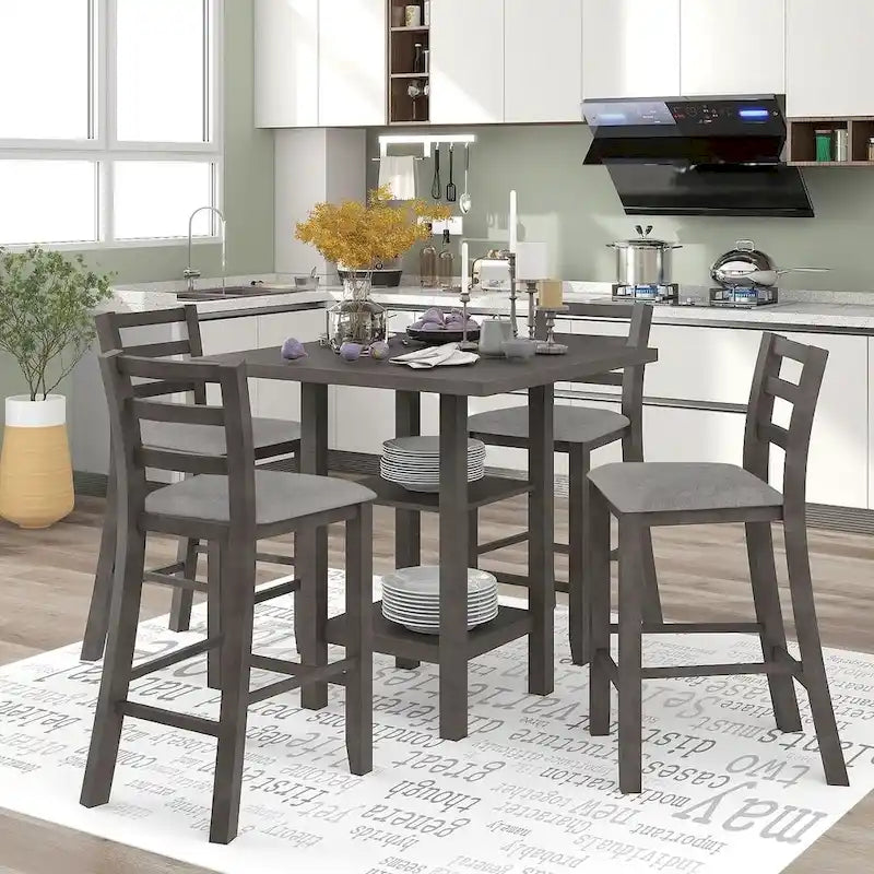 5 PCS Wooden Counter Height Dining Set with Padded Chairs and Storage Shelving 3