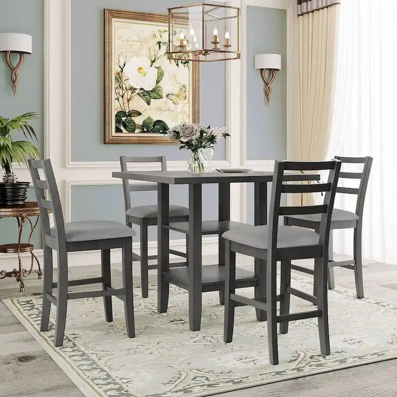 5 PCS Wooden Counter Height Dining Set with Padded Chairs and Storage Shelving 4