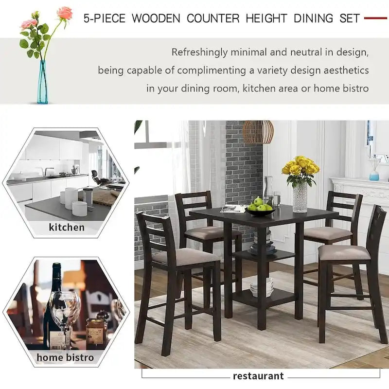 5 PCS Wooden Counter Height Dining Set with Padded Chairs and Storage Shelving 5