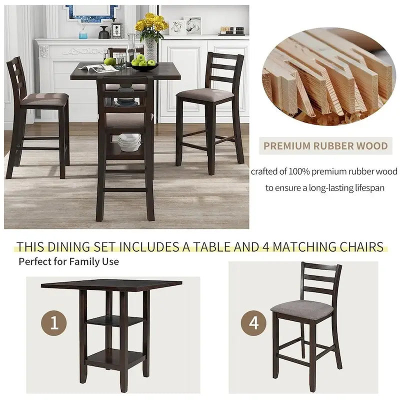 5 PCS Wooden Counter Height Dining Set with Padded Chairs and Storage Shelving 6