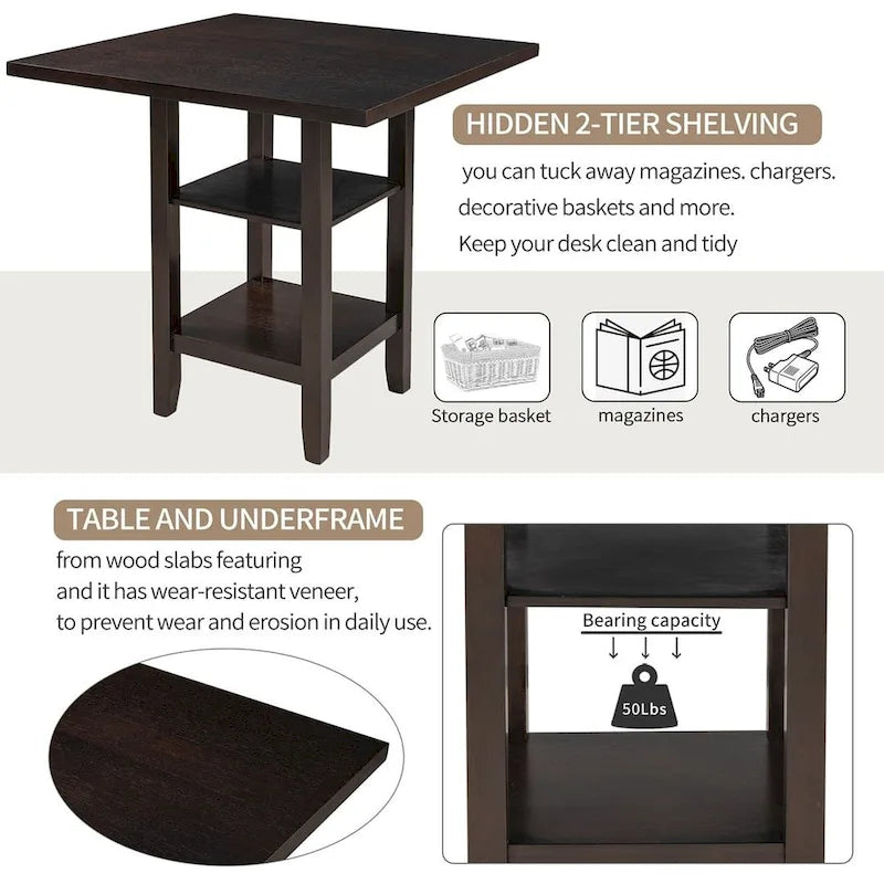 5 PCS Wooden Counter Height Dining Set with Padded Chairs and Storage Shelving 8
