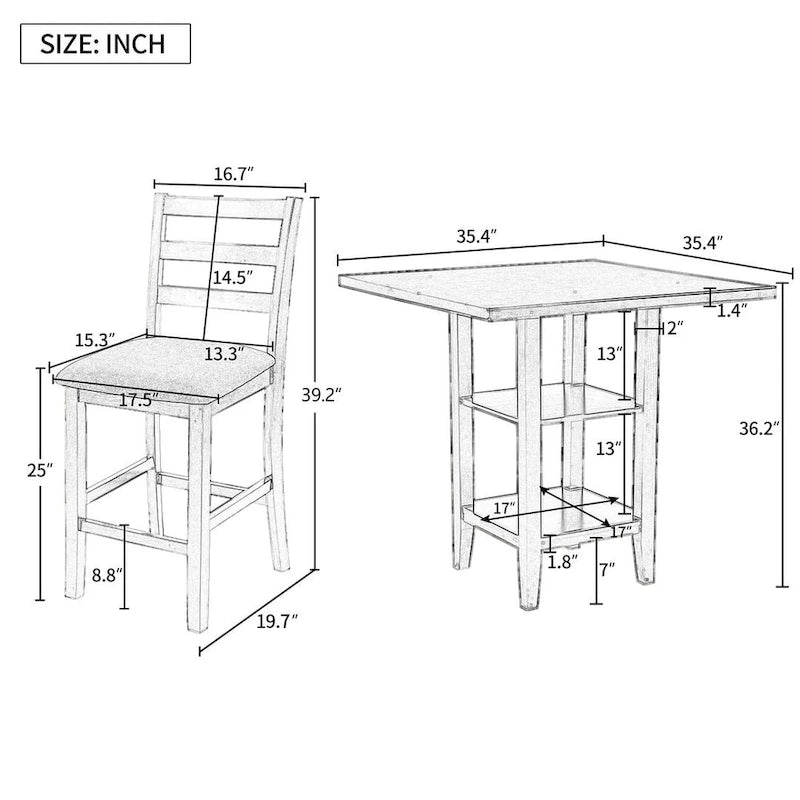 5 PCS Wooden Counter Height Dining Set with Padded Chairs and Storage Shelving 9
