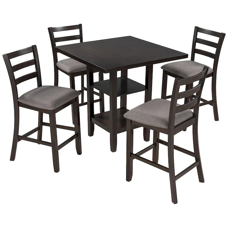 5 PCS Wooden Counter Height Dining Set with Padded Chairs and Storage Shelving 10