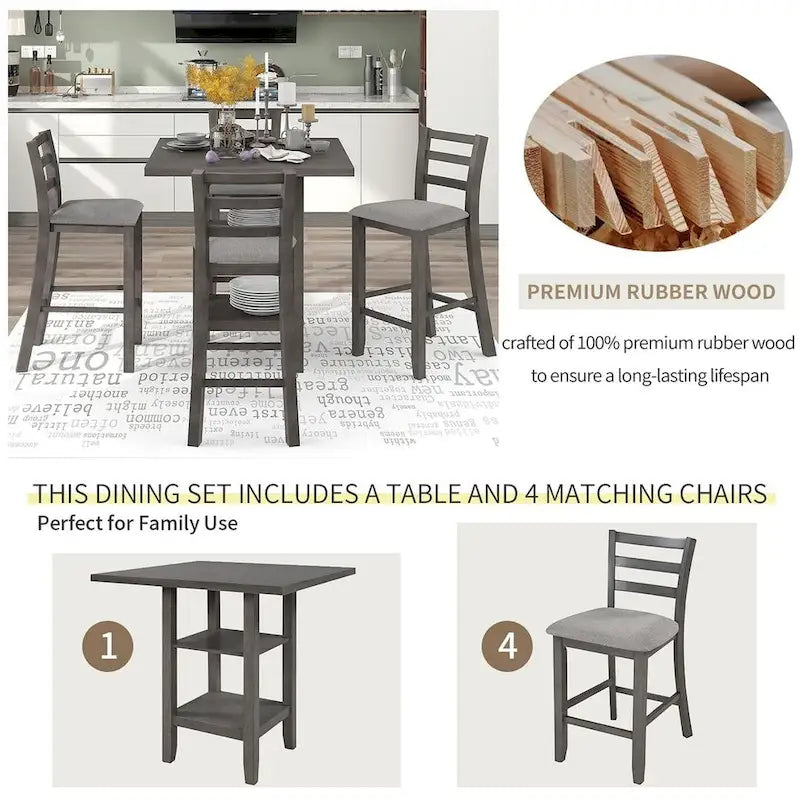 5 PCS Wooden Counter Height Dining Set with Padded Chairs and Storage Shelving 22
