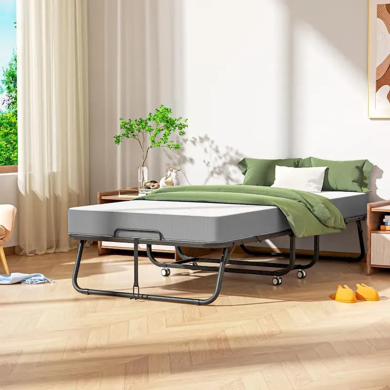 Roll away Space-Saving Sturdy Metal Frame Folding Guest Bed with 5 Thick Mattress