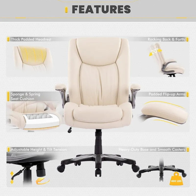 Large Heavy Duty High Back Executive Computer Office Desk Chair Flip-up Arms Wide Thick Seat for Home Office 400LBS 15