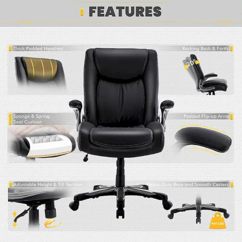Large Heavy Duty High Back Executive Computer Office Desk Chair Flip-up Arms Wide Thick Seat for Home Office 400LBS 22