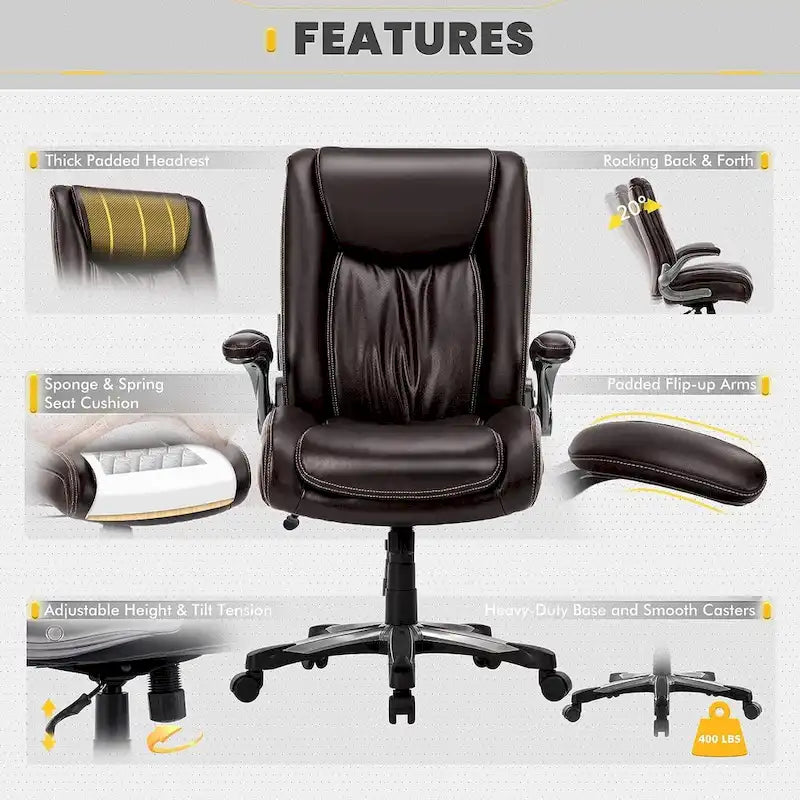 Large Heavy Duty High Back Executive Computer Office Desk Chair Flip-up Arms Wide Thick Seat for Home Office 400LBS 30