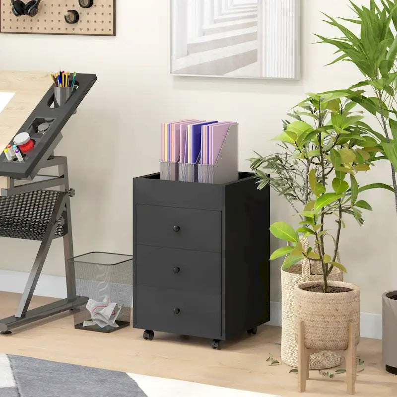 HOMCOM 3 Drawer Home Office Storage Cabinet, Office Drawer on Wheels with Removable Tray, Under Desk Printer Stand with Storage 37