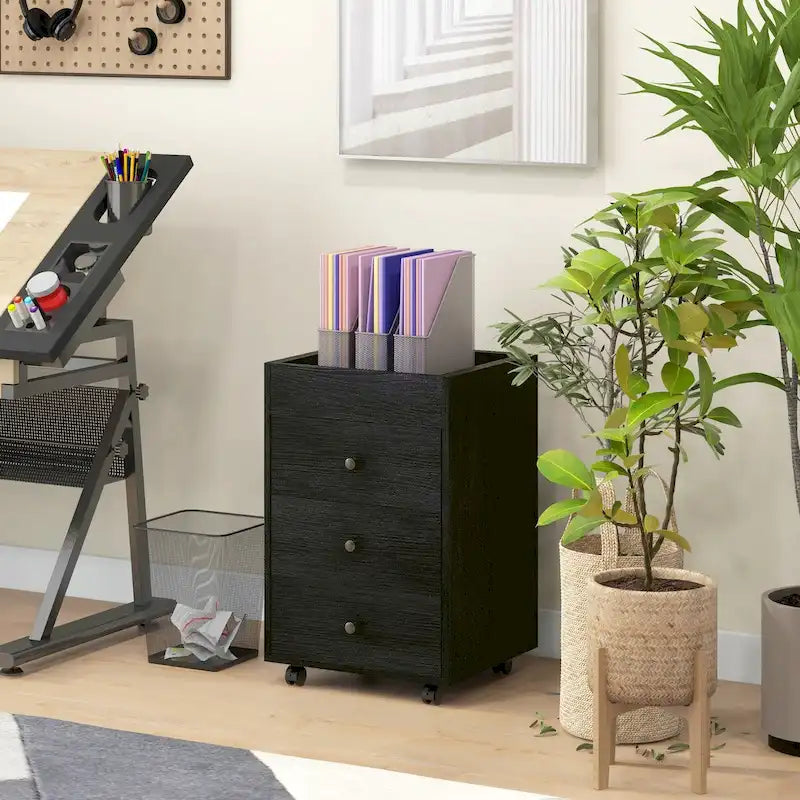HOMCOM 3 Drawer Home Office Storage Cabinet, Office Drawer on Wheels with Removable Tray, Under Desk Printer Stand with Storage 38