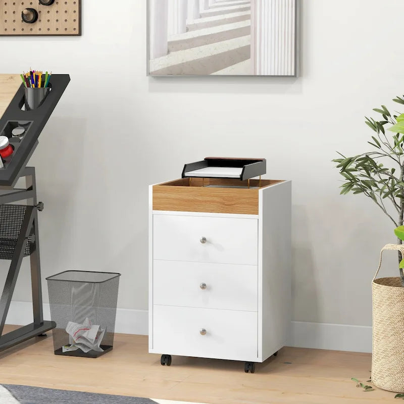 HOMCOM 3 Drawer Home Office Storage Cabinet, Office Drawer on Wheels with Removable Tray, Under Desk Printer Stand with Storage 39