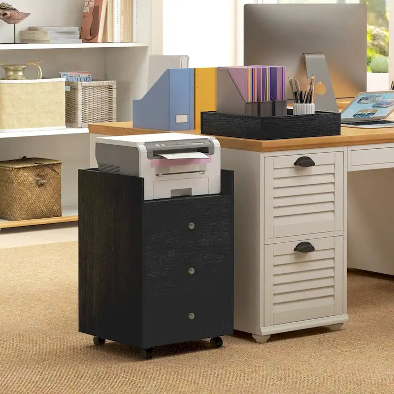 HOMCOM 3 Drawer Home Office Storage Cabinet, Office Drawer on Wheels with Removable Tray, Under Desk Printer Stand with Storage 7
