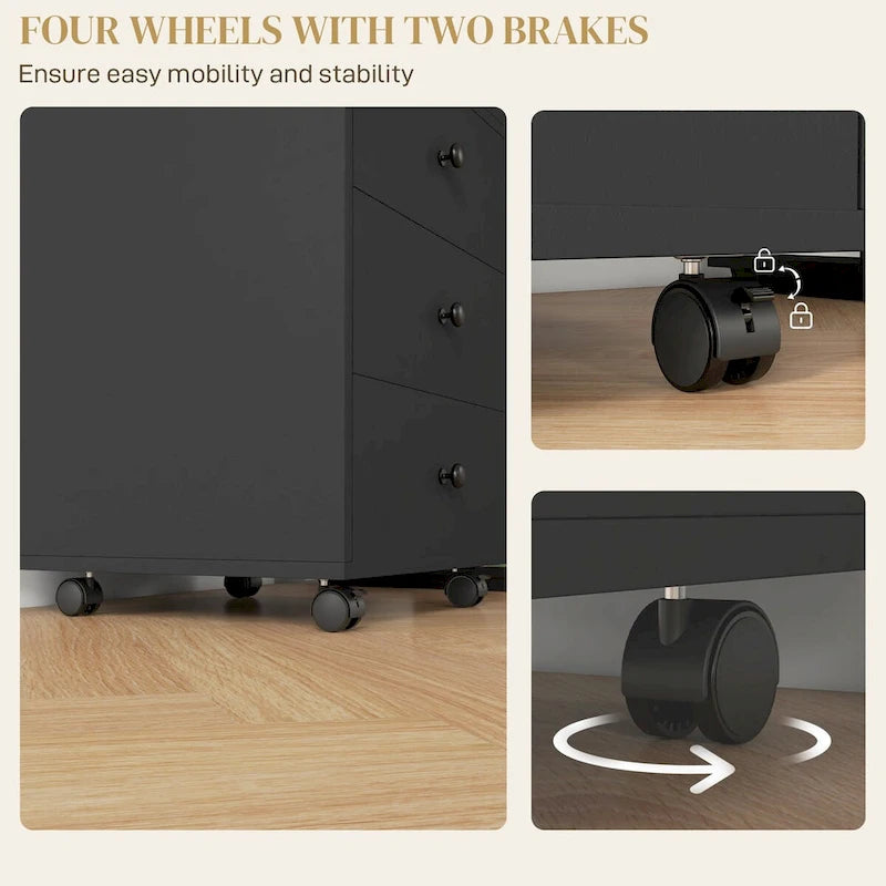 HOMCOM 3 Drawer Home Office Storage Cabinet, Office Drawer on Wheels with Removable Tray, Under Desk Printer Stand with Storage 13