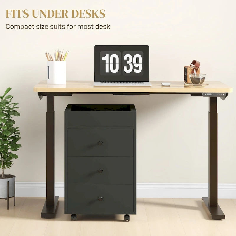 HOMCOM 3 Drawer Home Office Storage Cabinet, Office Drawer on Wheels with Removable Tray, Under Desk Printer Stand with Storage 15