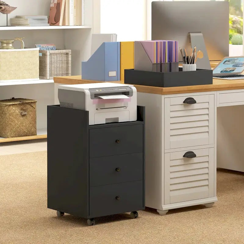 HOMCOM 3 Drawer Home Office Storage Cabinet, Office Drawer on Wheels with Removable Tray, Under Desk Printer Stand with Storage 16