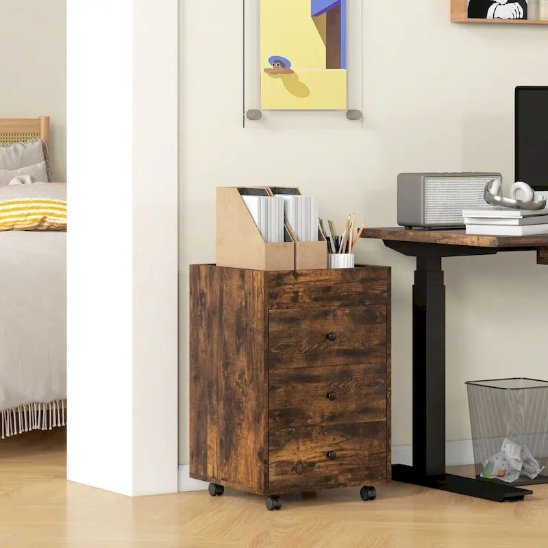 HOMCOM 3 Drawer Home Office Storage Cabinet, Office Drawer on Wheels with Removable Tray, Under Desk Printer Stand with Storage 19