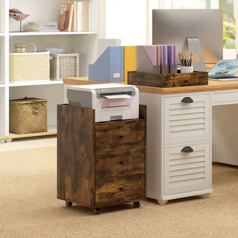HOMCOM 3 Drawer Home Office Storage Cabinet, Office Drawer on Wheels with Removable Tray, Under Desk Printer Stand with Storage 24