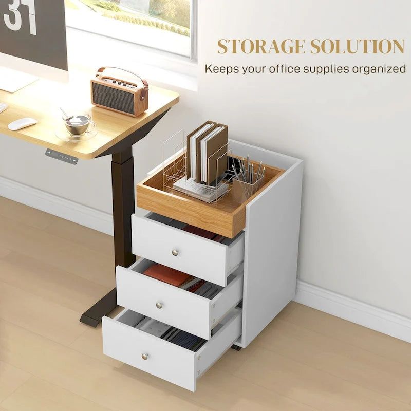 HOMCOM 3 Drawer Home Office Storage Cabinet, Office Drawer on Wheels with Removable Tray, Under Desk Printer Stand with Storage 29