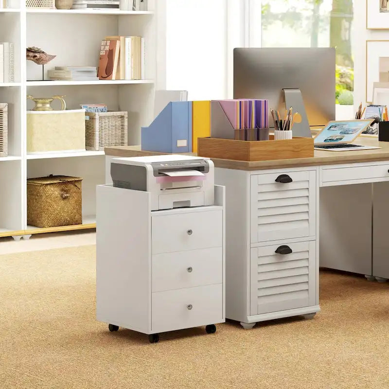 HOMCOM 3 Drawer Home Office Storage Cabinet, Office Drawer on Wheels with Removable Tray, Under Desk Printer Stand with Storage 33