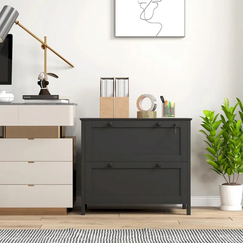 HOMCOM Lateral File Cabinet with 2 Drawers for Home Office, Filing Cabinet with Lock, Adjustable Hanging Bar for Letter, A4 7